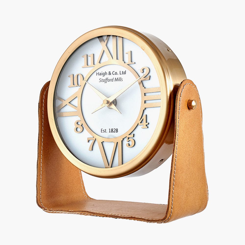 Pacific Lifestyle Accessories Tan Leather and Antique Brass Table Desk Clock House of Isabella UK