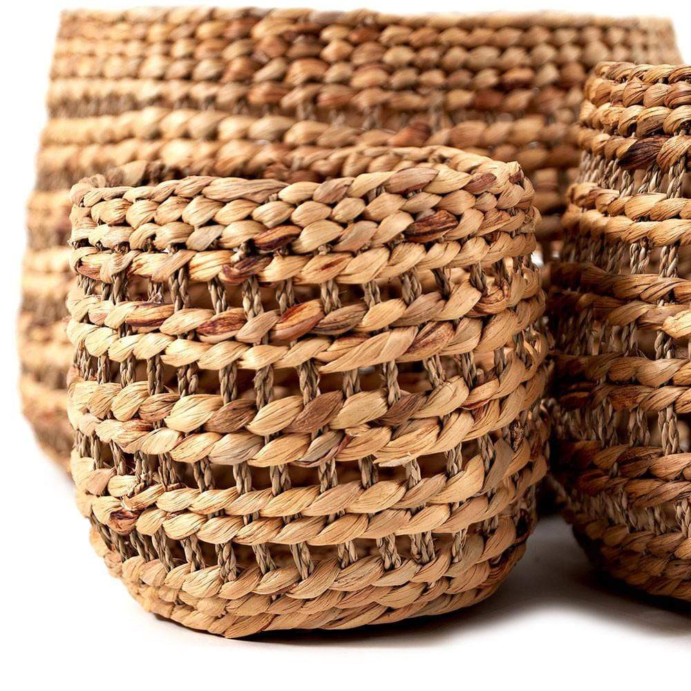 Pacific Lifestyle Accessories Woven Water Hyacinth S/3 Round Stripe Detail Baskets House of Isabella UK