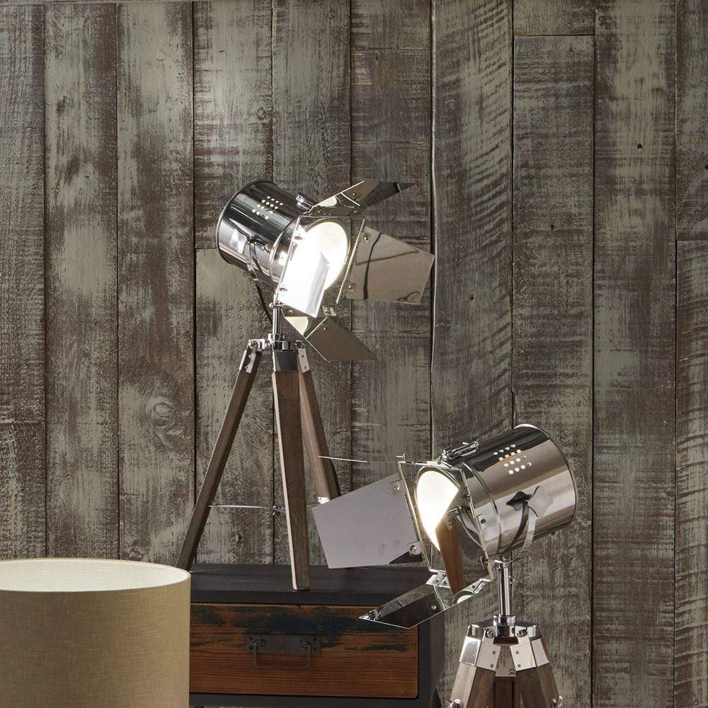 Pacific Lifestyle Lighting Hereford Grey Wood and Silver Metal Film Tripod Table Lamp House of Isabella UK