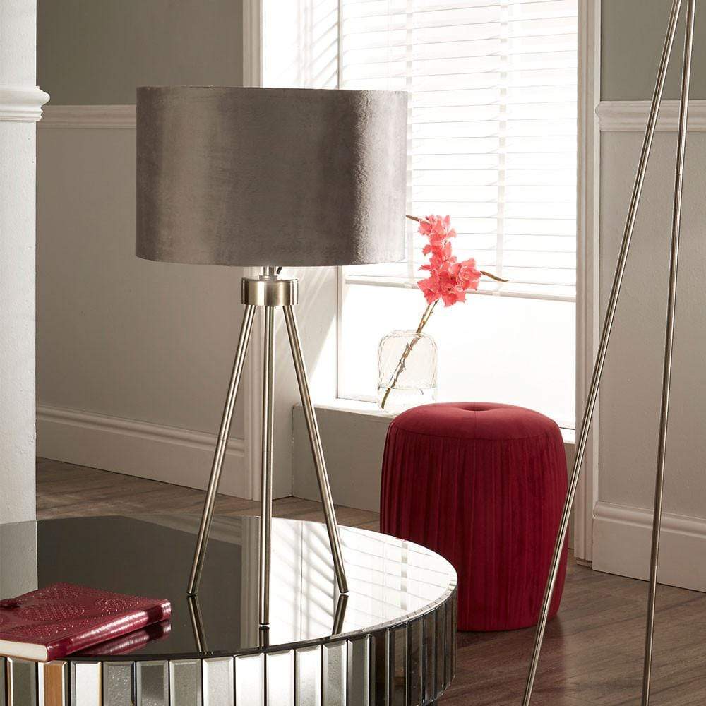 Pacific Lifestyle Lighting Houston Brushed Silver Metal Tripod Table Lamp House of Isabella UK