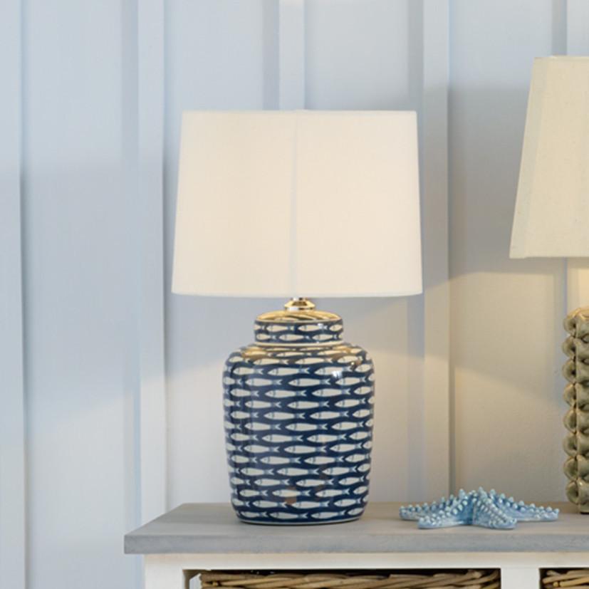 Pacific Lifestyle Lighting Schoal Blue and White Fish Detail Ceramic Table Lamp House of Isabella UK