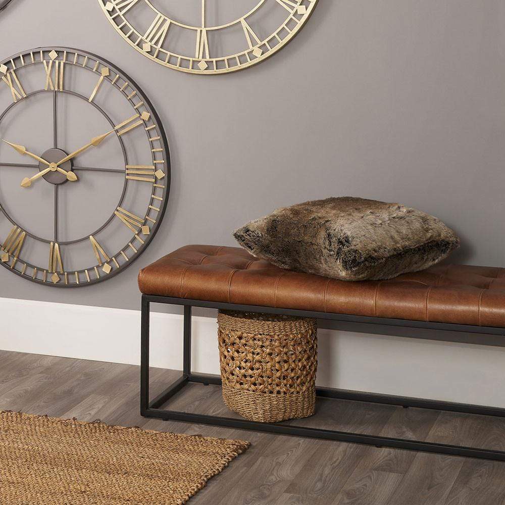Pacific Lifestyle Living Arlo Vintage Brown Leather and Iron Buttoned Bench House of Isabella UK