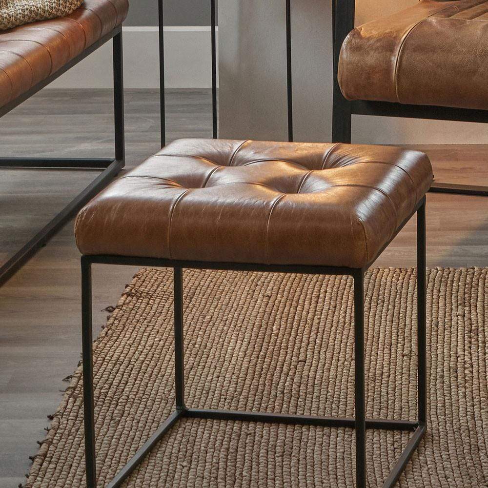 Pacific Lifestyle Living Arlo Vintage Brown Leather and Iron Buttoned Stool House of Isabella UK