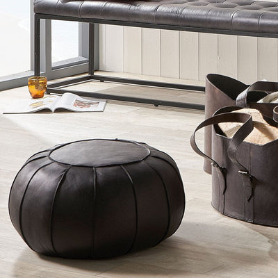 Pacific Lifestyle Living Giona Steel Grey Leather Round Pouffe House of Isabella UK