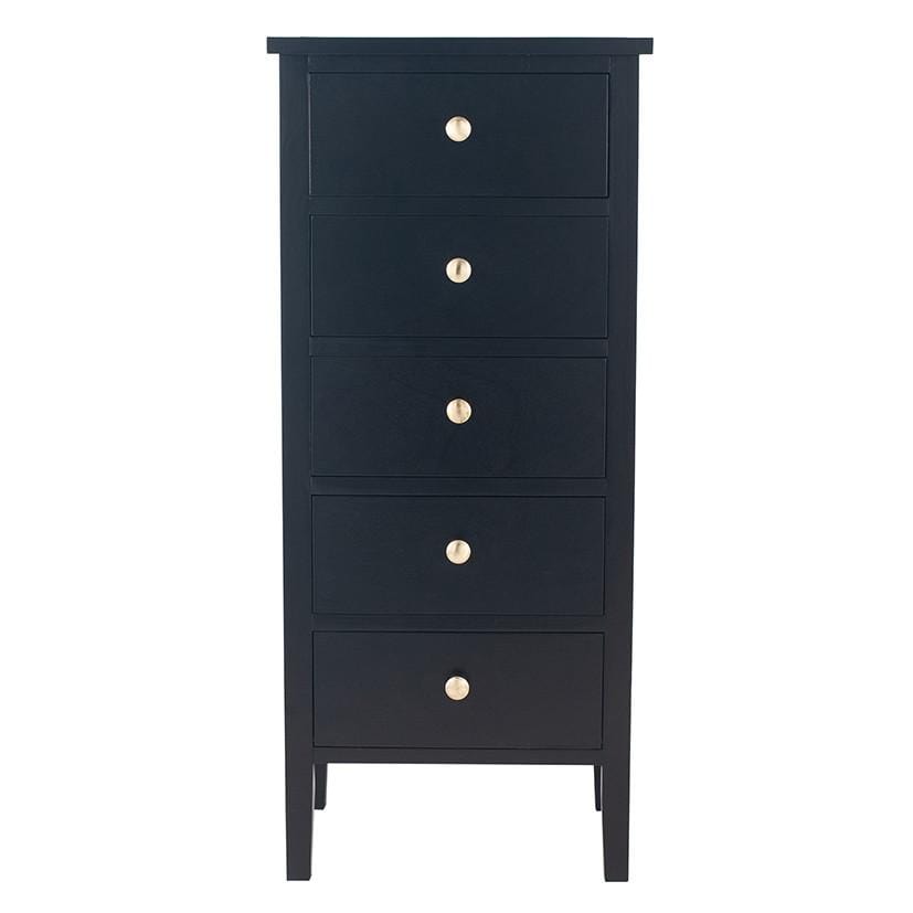Pacific Lifestyle Sleeping Chelmsford Satin Black Pine Wood 5 Drawer Tall Boy House of Isabella UK