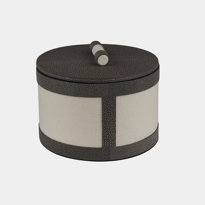 Round Linen Box Grey Shagreen Leather Low